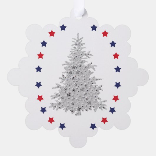 赤と青の星を持つ愛国的なクリスマスツリー オーナメントカード (裏面)