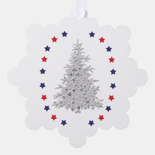 赤と青の星を持つ愛国的なクリスマスツリー オーナメントカード (正面)