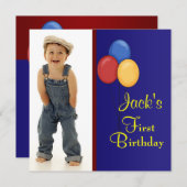 赤と青の気球ボーイズ誕生日パーティー 招待状 (正面/裏面)