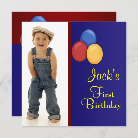 赤と青の気球ボーイズ誕生日パーティー 招待状 (正面/裏面)