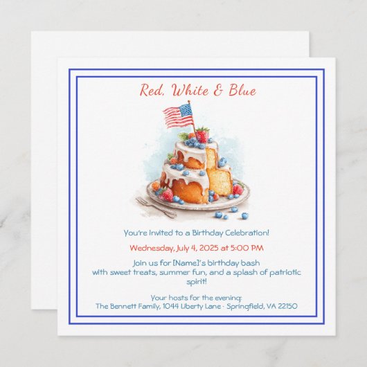 赤と青の水カラー誕生日招待状 シーズンカード (正面/裏面)