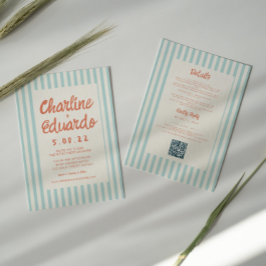 赤と青の波状の手書き結婚のQRコード 招待状