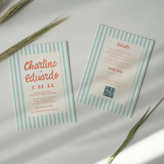 赤と青の波状の手書き結婚のQRコード 招待状