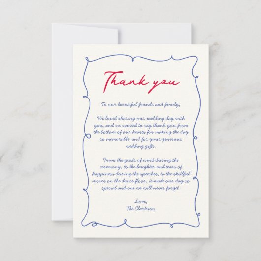 赤と青の波状手描きモノグラ縁どムズの結婚描画 サンキューカード (正面)