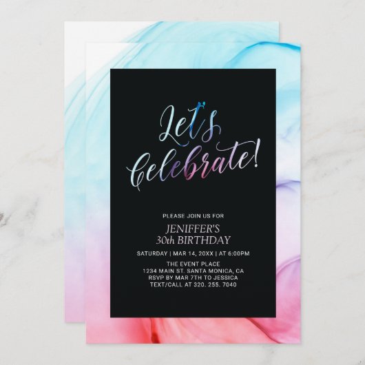 赤と青の流体テクスチャ30th女性誕生日 招待状 (正面/裏面)