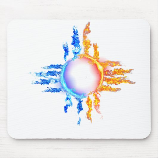 赤と青の炎の中のニューメキシコZiaのシンボル マウスパッド (正面)