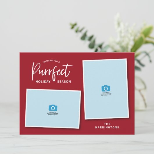 赤と青の猫の顔パーフェクトホリデーフォトカード シーズンカード (スタンド正面)