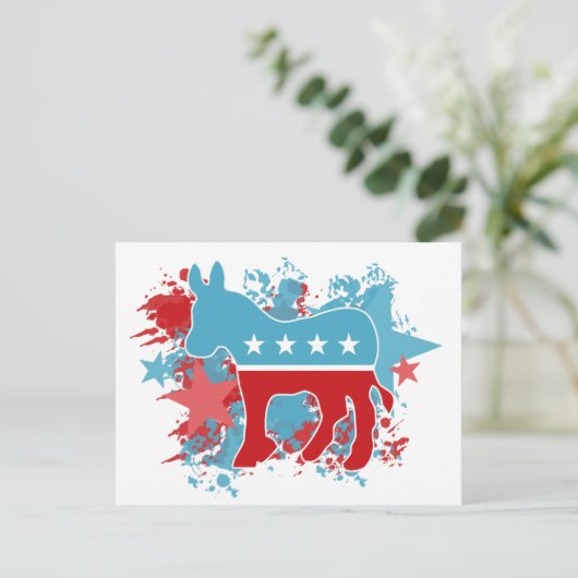 赤と青の絵を描（ばちゃばちゃ）跳ねる民主党議員ロバ ポストカード (スタンド正面)