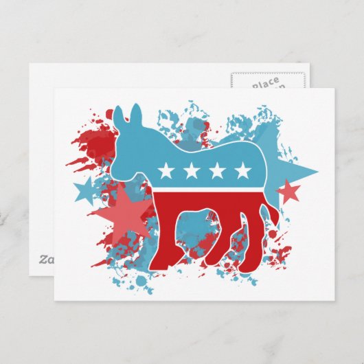 赤と青の絵を描（ばちゃばちゃ）跳ねる民主党議員ロバ ポストカード (正面/裏面)