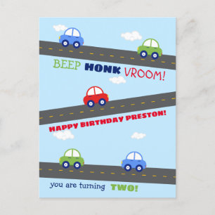 赤と青の自動車の子供の誕生日カード ポストカード