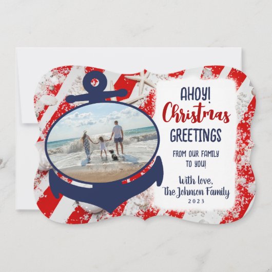 赤と青の航海のいかりクリスマスグリーティングカード シーズンカード (正面)