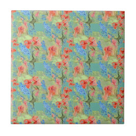 赤と青の花と緑の葉花 タイル