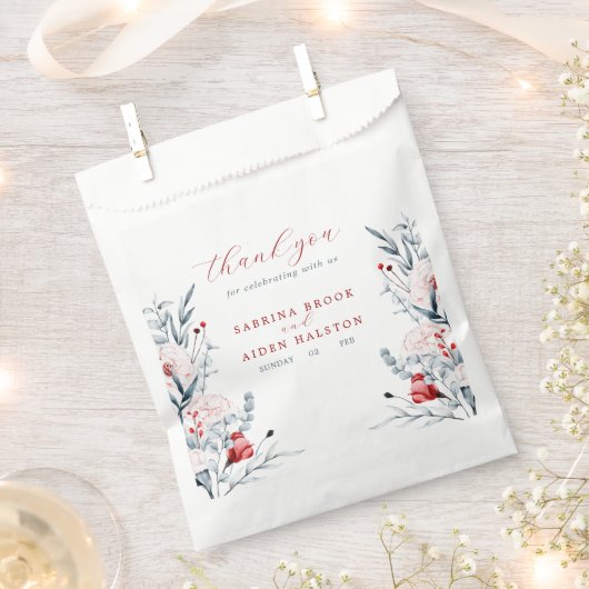 赤と青の花のウェディングサンクスギフト フェイバーバッグ (クリップ留めされた状態)
