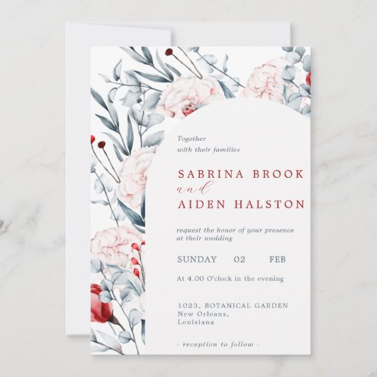 赤と青の花のフローラ結婚アーチ 招待状 (正面)