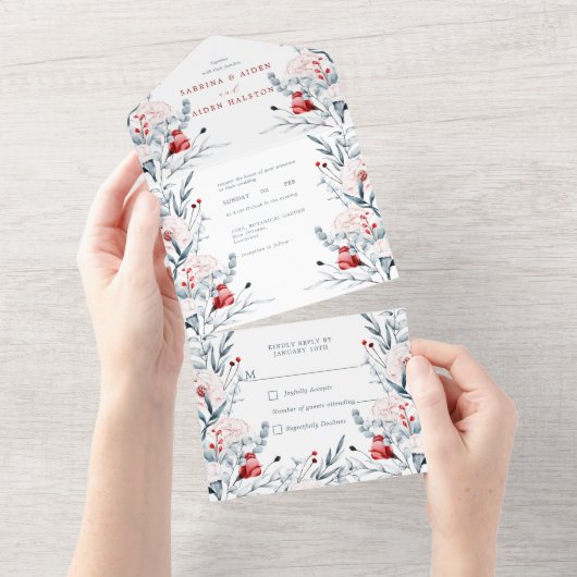 赤と青の花のフローラ結婚 オールインワン招待状 (貼ってはがせる)