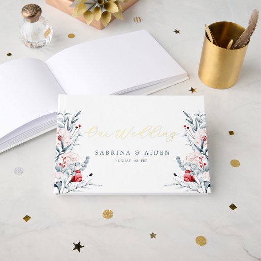 赤と青の花のフローラ結婚 ゲストブック (正面見開き)