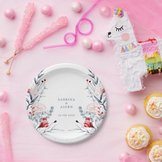 赤と青の花のフローラ結婚 ペーパープレート (パーティー)