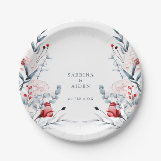 赤と青の花のフローラ結婚 ペーパープレート (正面)