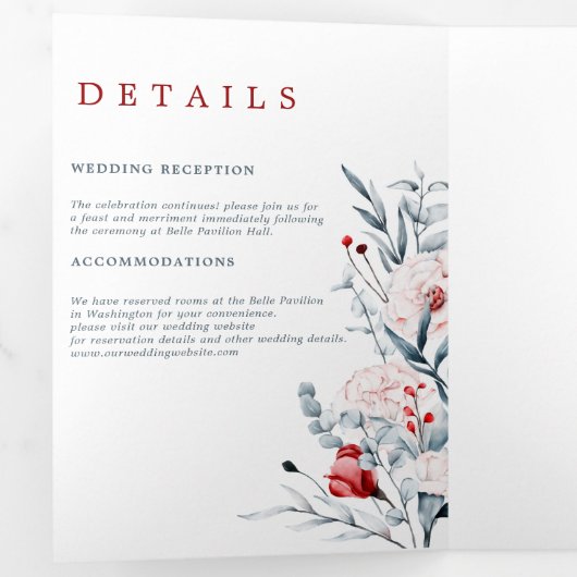 赤と青の花のフローラ結婚 三つ折り案内状 (内部最初)