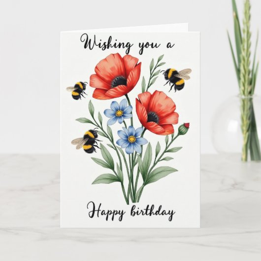赤と青の花の誕生日カード カード (正面)