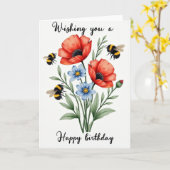 赤と青の花の誕生日カード カード (黄色い花)