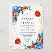 赤と青の花の金ゴールド結婚フレーム 招待状 (正面)