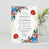 赤と青の花の金ゴールド結婚フレーム 招待状 (スタンド正面)