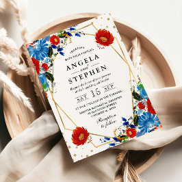 赤と青の花の金ゴールド結婚フレーム 招待状