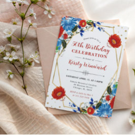 赤と青の花フレーム50誕生日 招待状