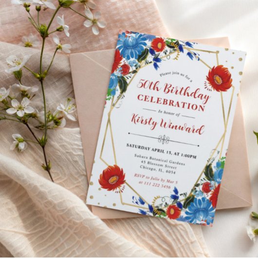 赤と青の花フレーム50誕生日 招待状