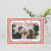 赤と青の花ブロックプリント、フォークアート風 シーズンカード (スタンド正面)