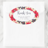 赤と青の花柄ステッカー 楕円形シール (バッグ)