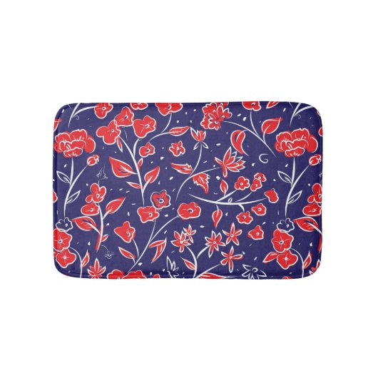 赤と青の花柄 バスマット (正面)