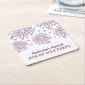 赤と青の花火7月4日パーティー スクエアペーパーコースター (アングル)