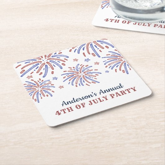 赤と青の花火7月4日パーティー スクエアペーパーコースター (アングル)