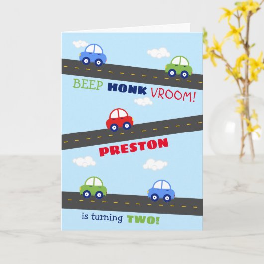 赤と青の車の子供の誕生日カード カード (黄色い花)