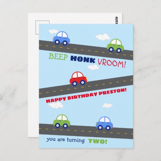 赤と青の車の子供の誕生日カード ポストカード (正面/裏面)