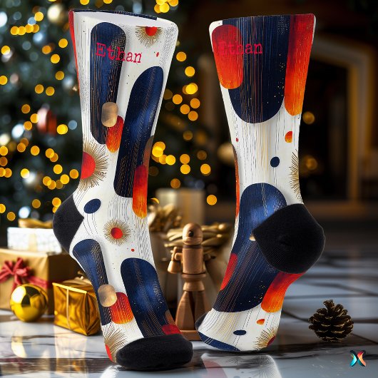 赤と青の輝くスターバストクリスマス ソックス