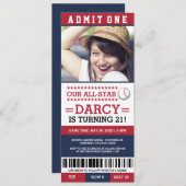 赤と青の野球チケット誕生日招待状 招待状 (正面/裏面)