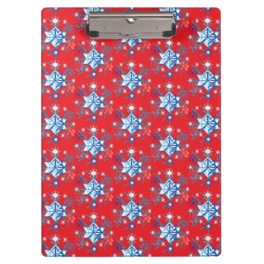 赤と青の雪の結晶と星 クリップボード (正面)