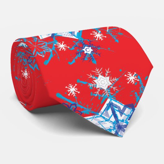 赤と青の雪の結晶と星 ネクタイ (ロール)