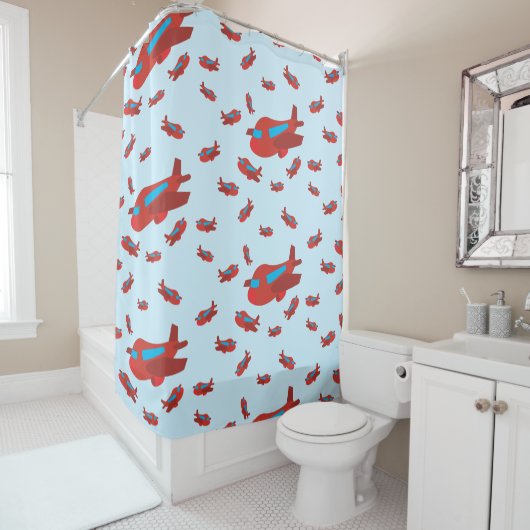赤と青の飛行機のパターン シャワーカーテン (インサイチュ)