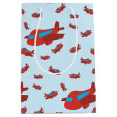 赤と青の飛行機のパターン ミディアムペーパーバッグ (正面)