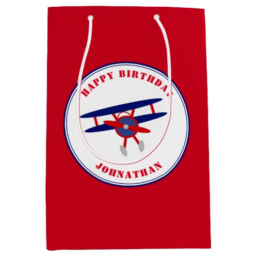 赤と青の飛行機の誕生日カスタムボーイ ミディアムペーパーバッグ (正面)