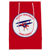 赤と青の飛行機の誕生日カスタムボーイ ミディアムペーパーバッグ (裏面)