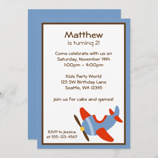 赤と青の飛行機バースデーパーティ招待状 招待状 (正面/裏面)