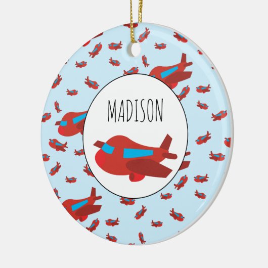 赤と青の飛行機パターン名前をカスタムする セラミックオーナメント (左)