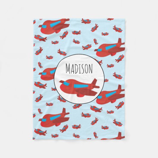 赤と青の飛行機パターン名前をカスタムする フリースブランケット (正面)
