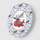 赤と青の飛行機パターン名前をカスタムする ラージ壁時計 (傾斜)