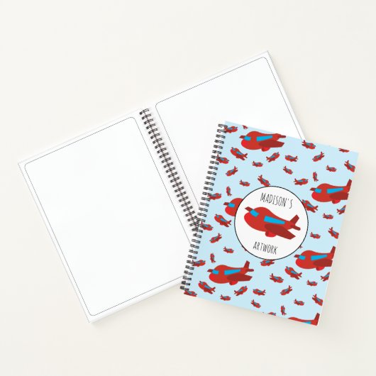赤と青の飛行機パターン子供の名前Sketchbook ノートブック (内部)